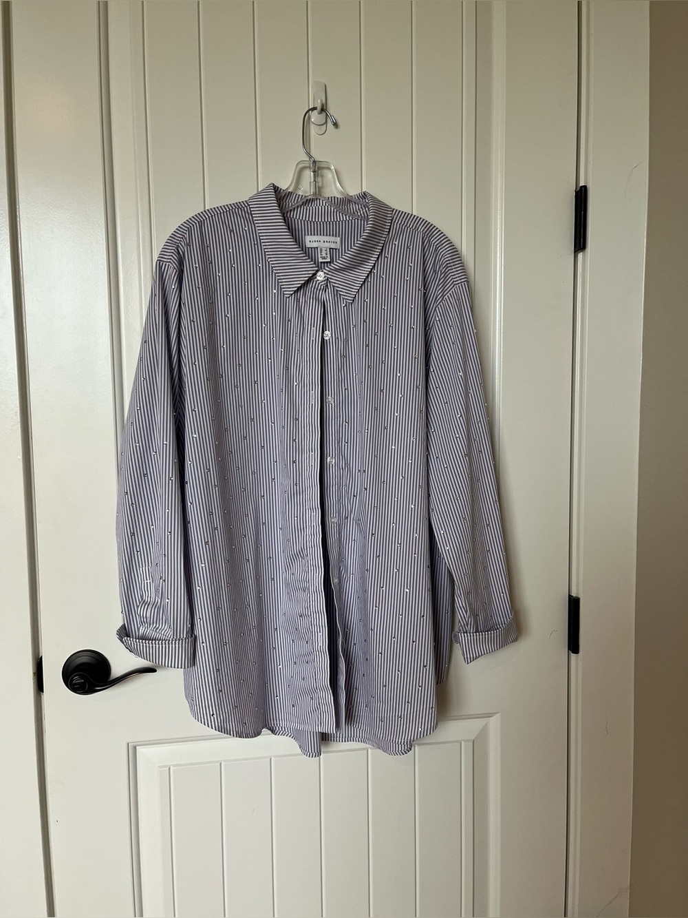 Susan Graver Blue and White Striped Button-Up Shirt, rhinestone accents